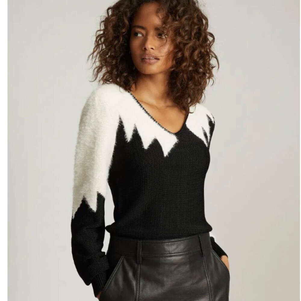 REISS Sienna Colour Block V Neck Sweater Black Cream Tan Size M Luxury Knit